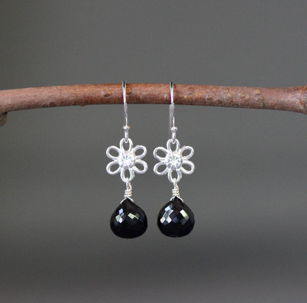 Black Spinel Teardrop Earrings on Bali Sterling Silver Flower Links
