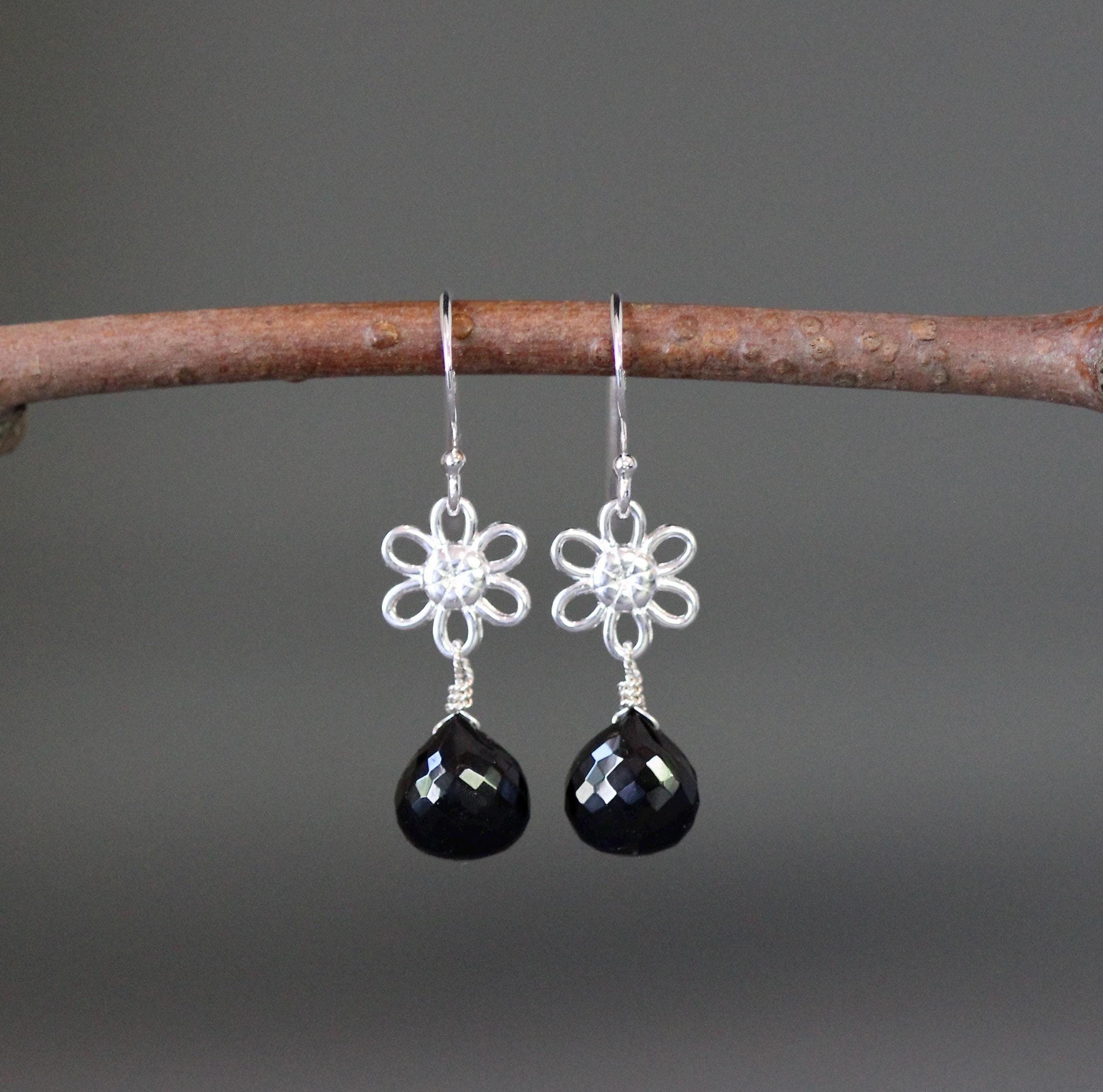 Black Spinel Teardrop Earrings on Bali Sterling Silver Flower Links