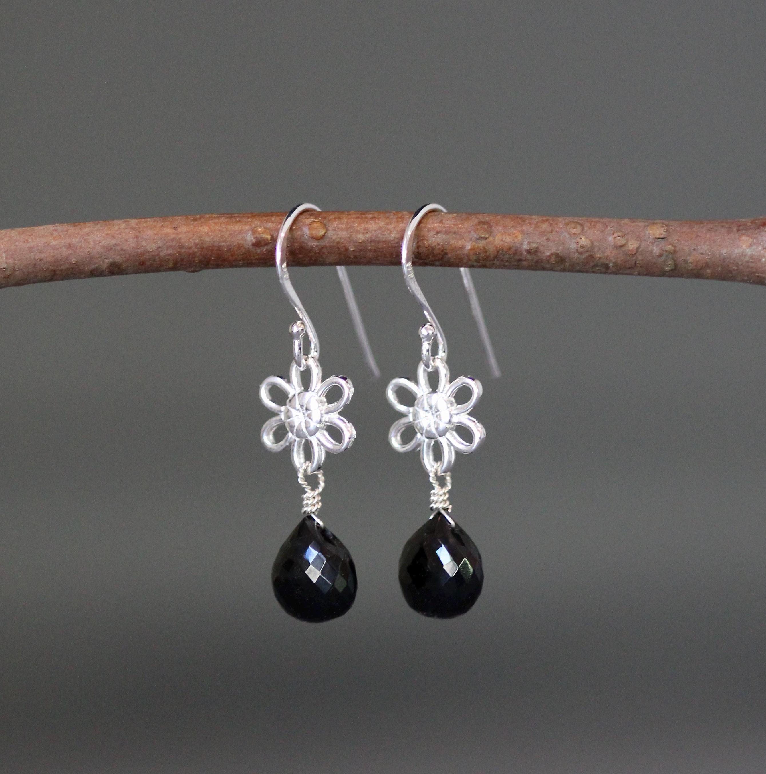 Black Spinel Teardrop Earrings on Bali Sterling Silver Flower Links