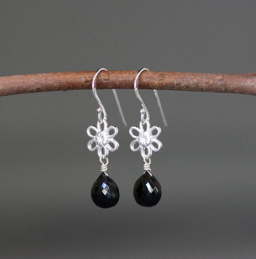 Black Spinel Teardrop Earrings on Bali Sterling Silver Flower Links