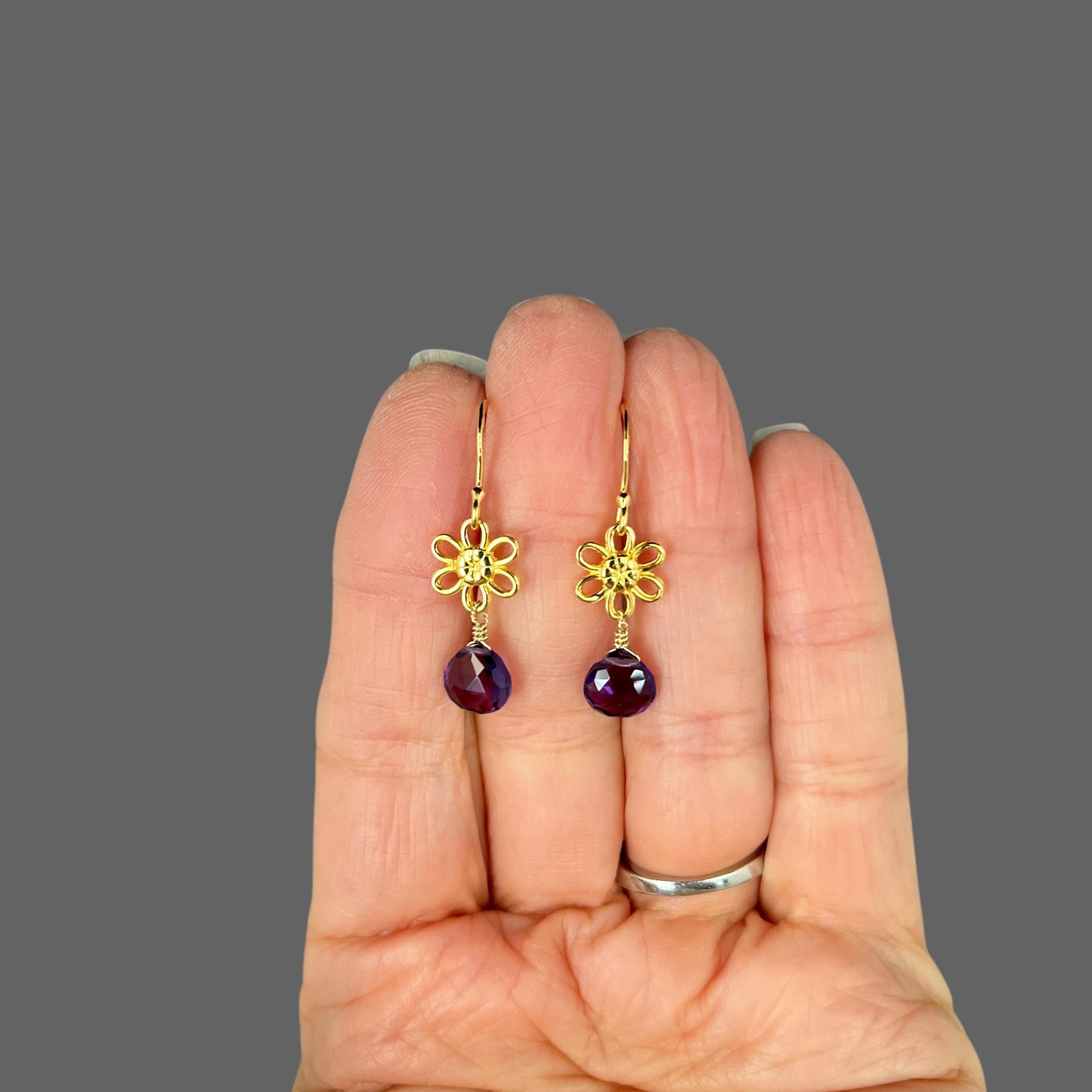 Amethyst Quartz Teardrop Earrings on Gold Vermeil Flower Links