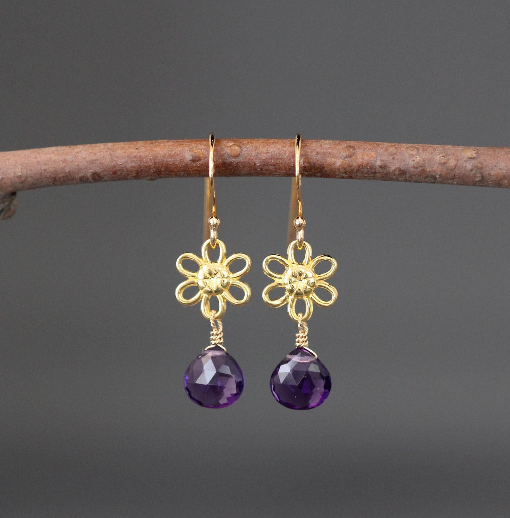 Amethyst Quartz Teardrop Earrings on Gold Vermeil Flower Links