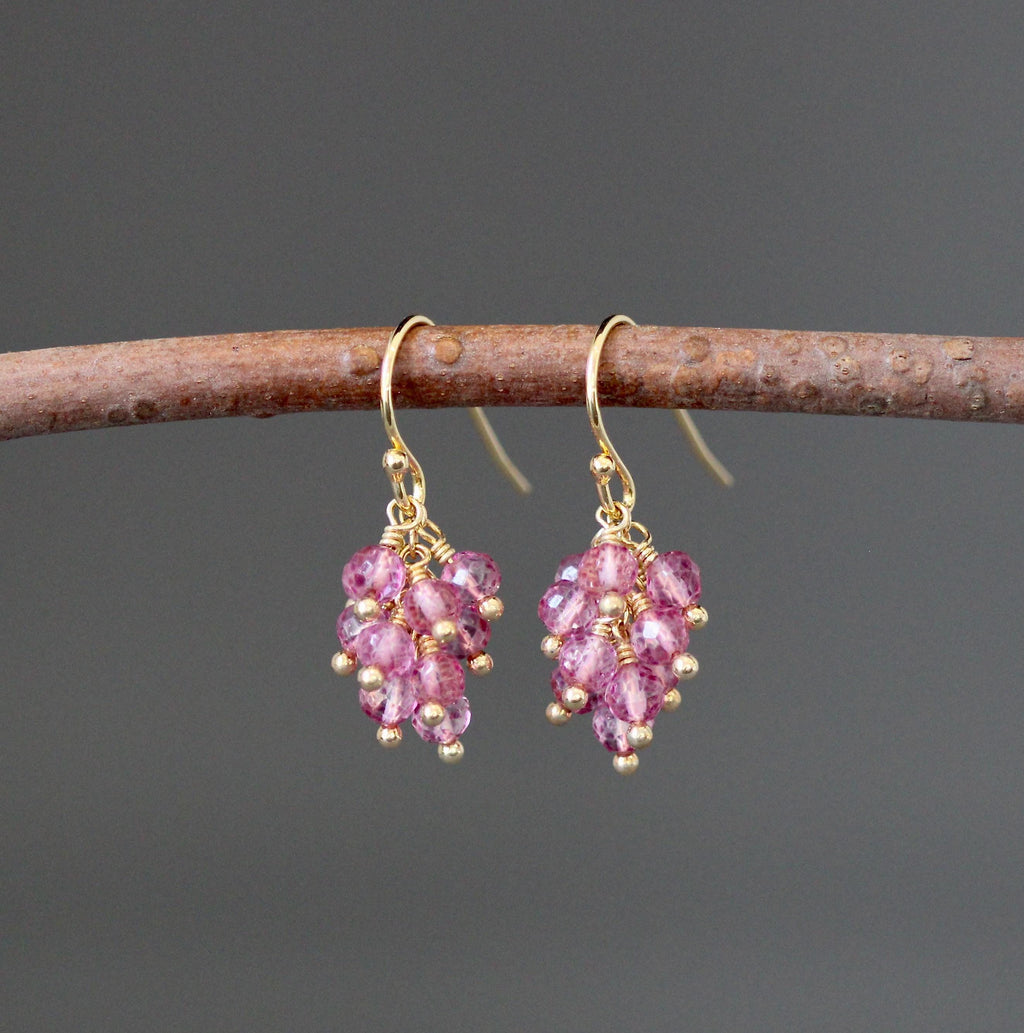 Pink Quartz Cluster Dangle Earrings in Gold Vermeil