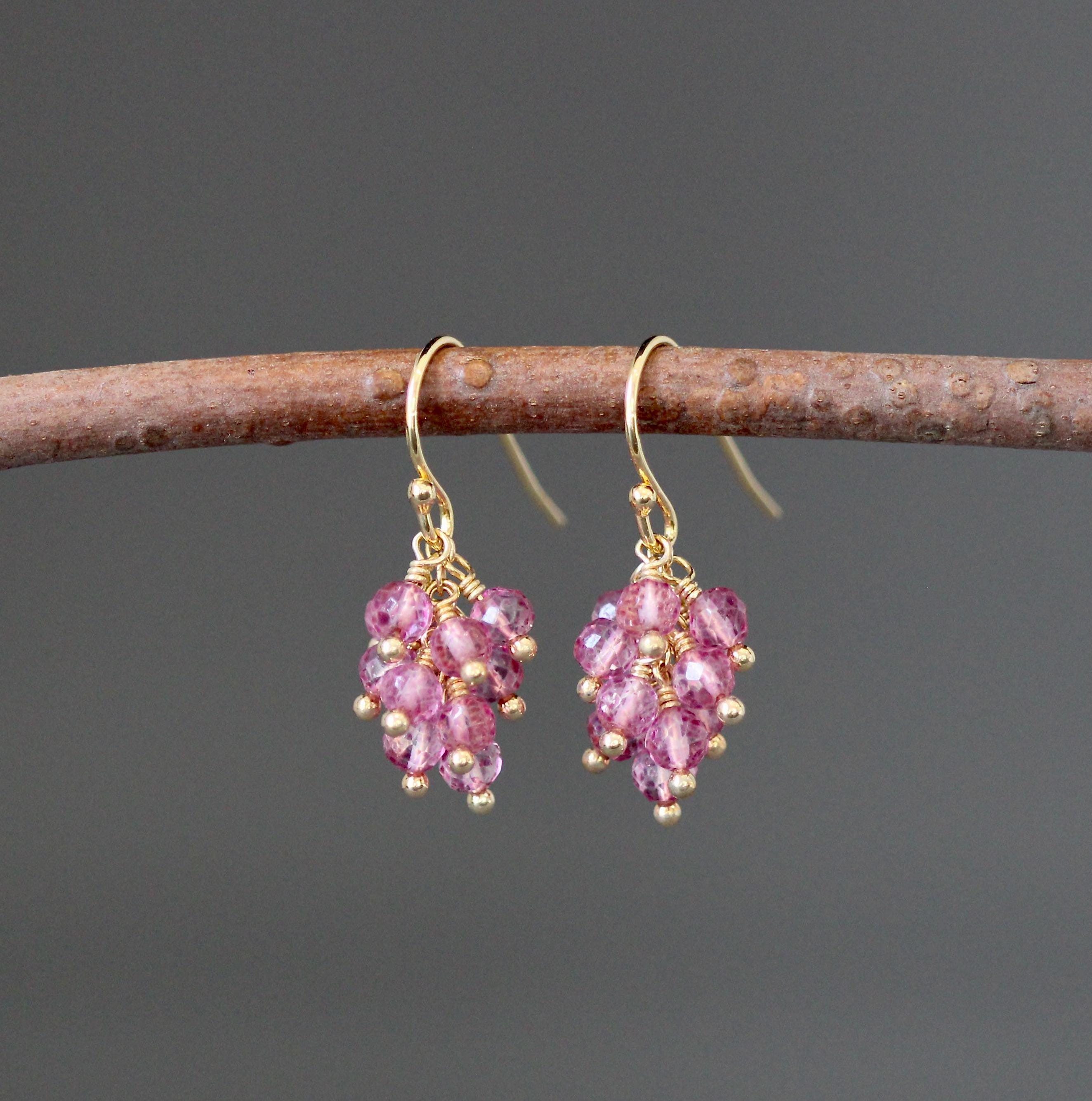 Pink Quartz Cluster Dangle Earrings in Gold Vermeil
