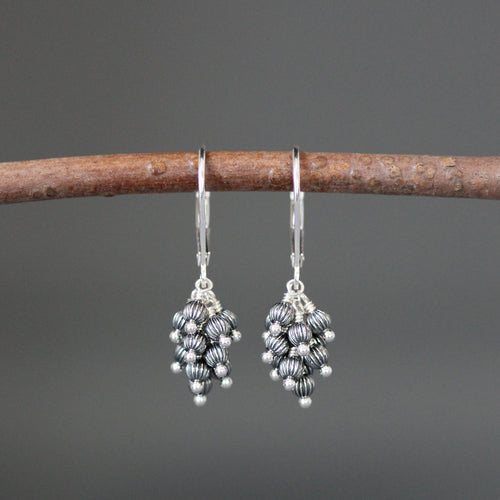 Sterling silver beaded cluster dangle earrings with leverback wire hooks