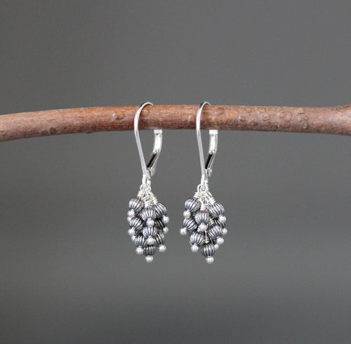 Sterling silver beaded cluster dangle earrings with leverback wires