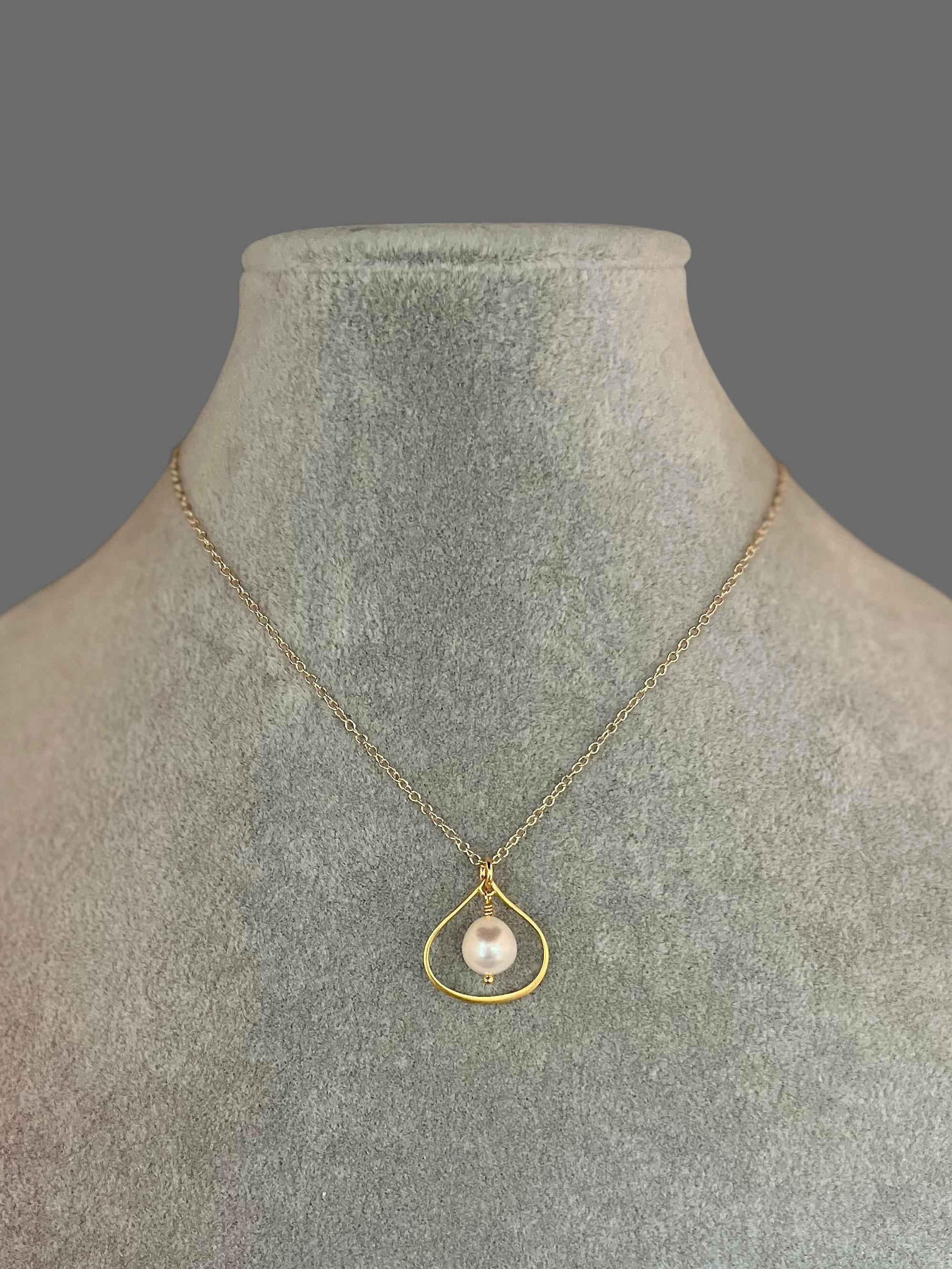 Freshwater Pearl Pendant in a Matte Gold Vermeil Frame on Gold Filled Chain