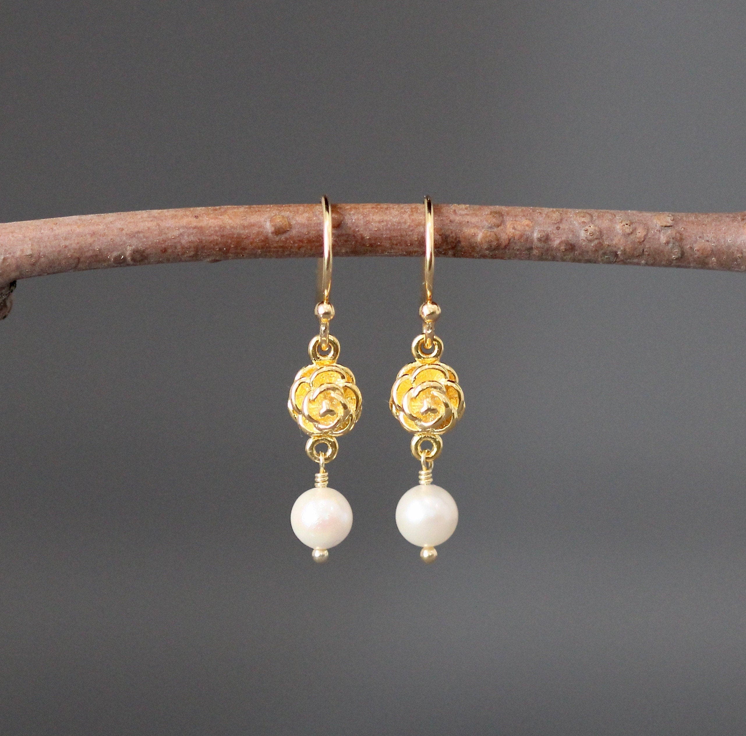 Akoya Pearl and Gold Vermeil Rosebud Dangle Earrings