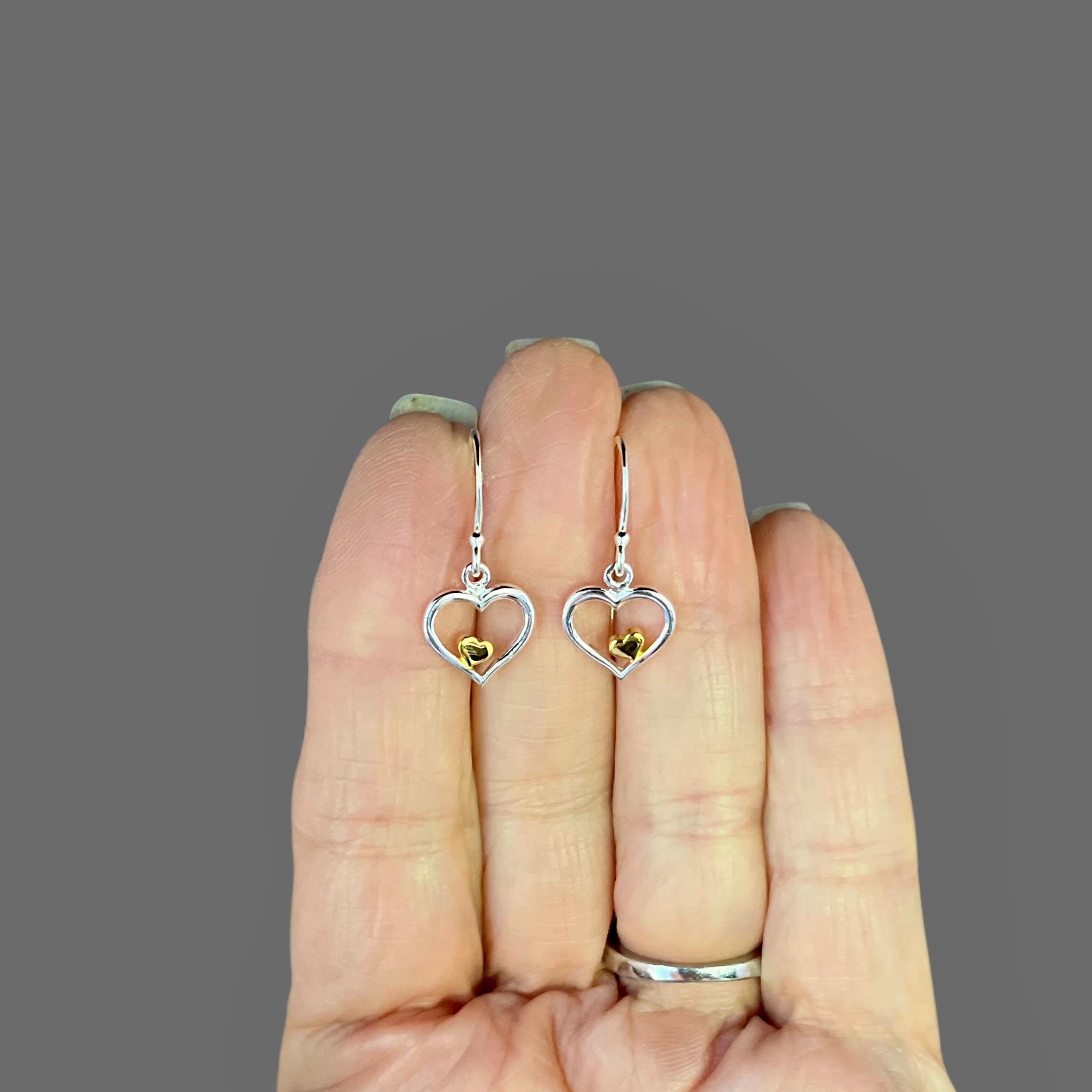 Double Heart Charm Earrings in Mixed Sterling Silver and Gold Vermeil