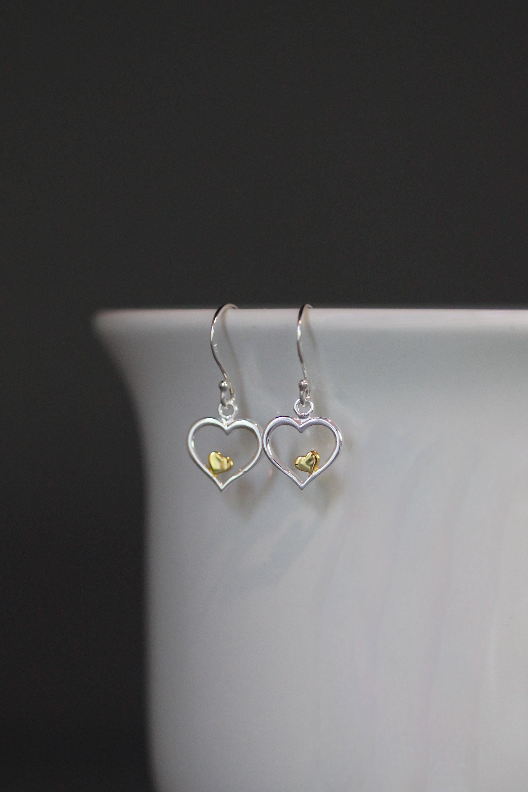 Double Heart Charm Earrings in Mixed Sterling Silver and Gold Vermeil