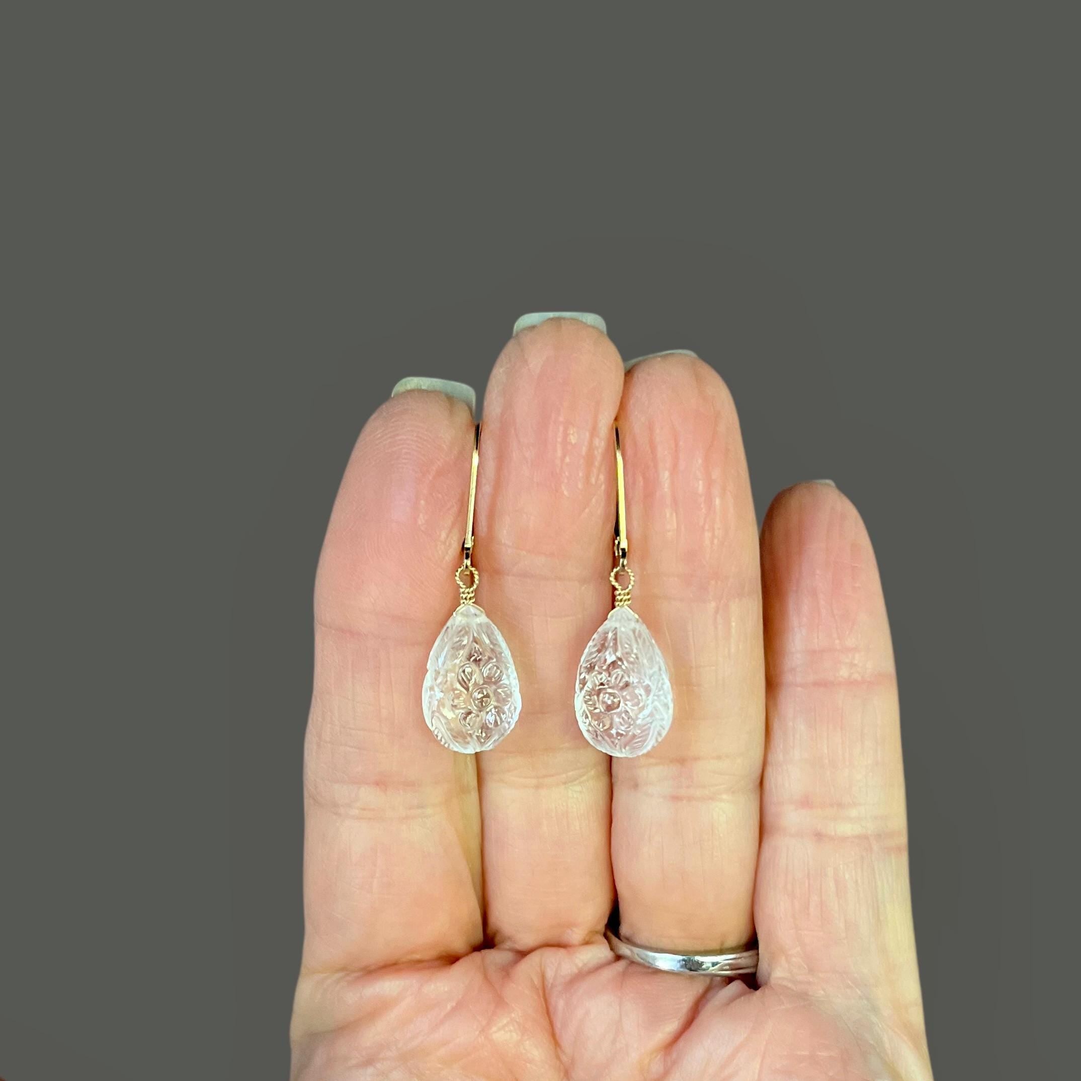 Clear Quartz Crystal Carved Teardrop Dangle Earrings in Gold Filled