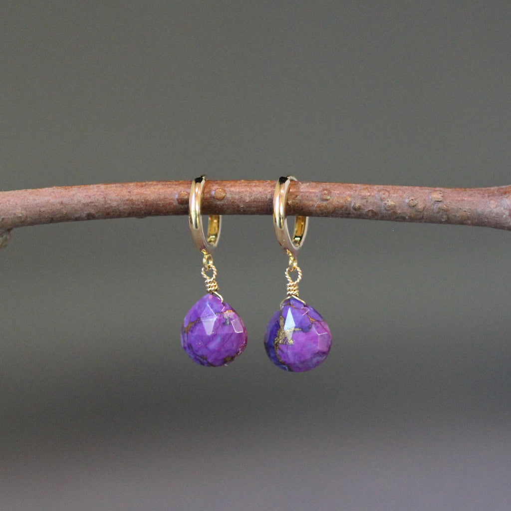 Purple Copper Turquoise Teardrop Earrings on Gold Vermeil Huggie Hoops