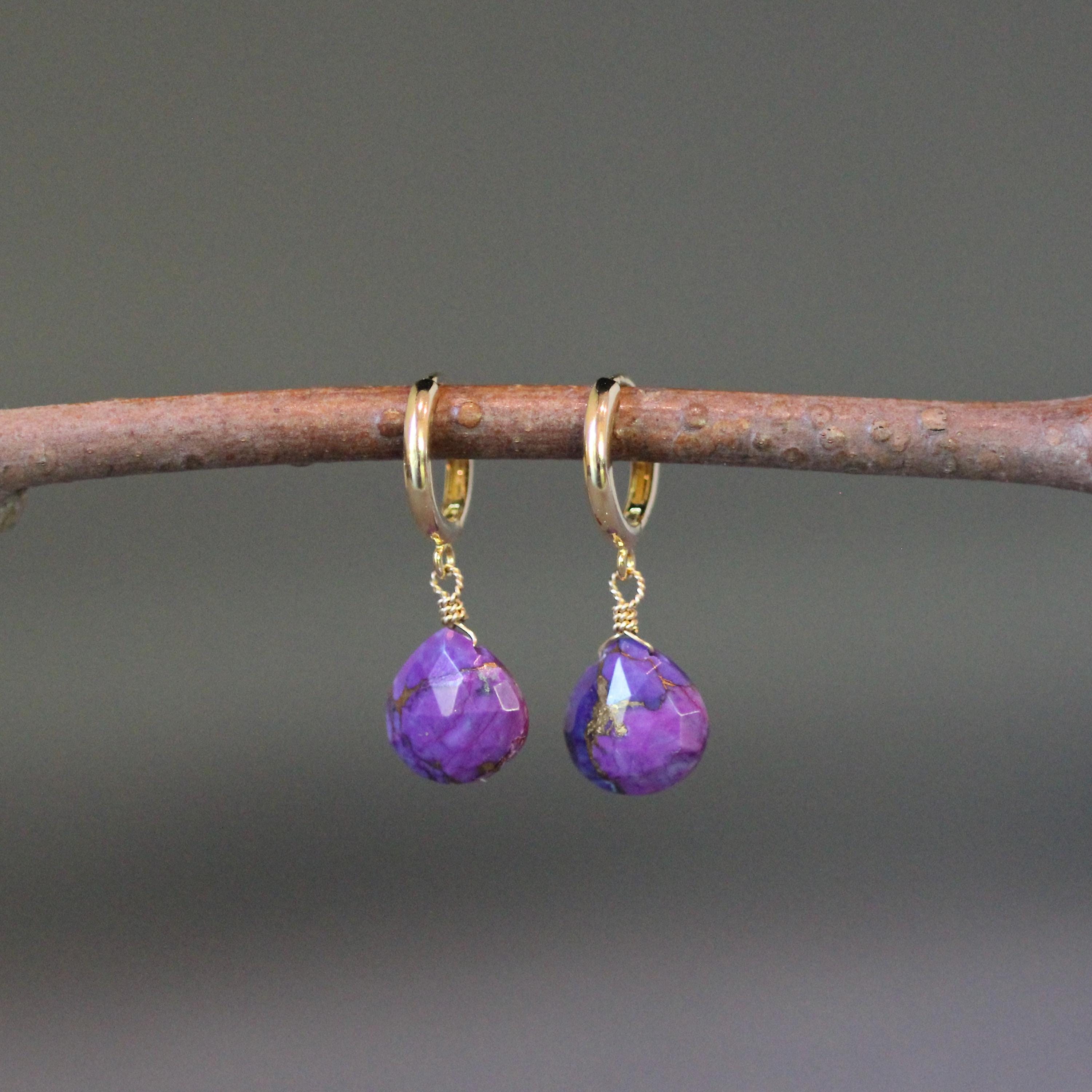 Purple Copper Turquoise Teardrop Earrings on Gold Vermeil Huggie Hoops