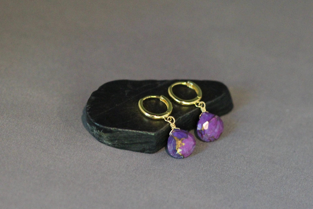Purple Copper Turquoise Teardrop Earrings on Gold Vermeil Huggie Hoops
