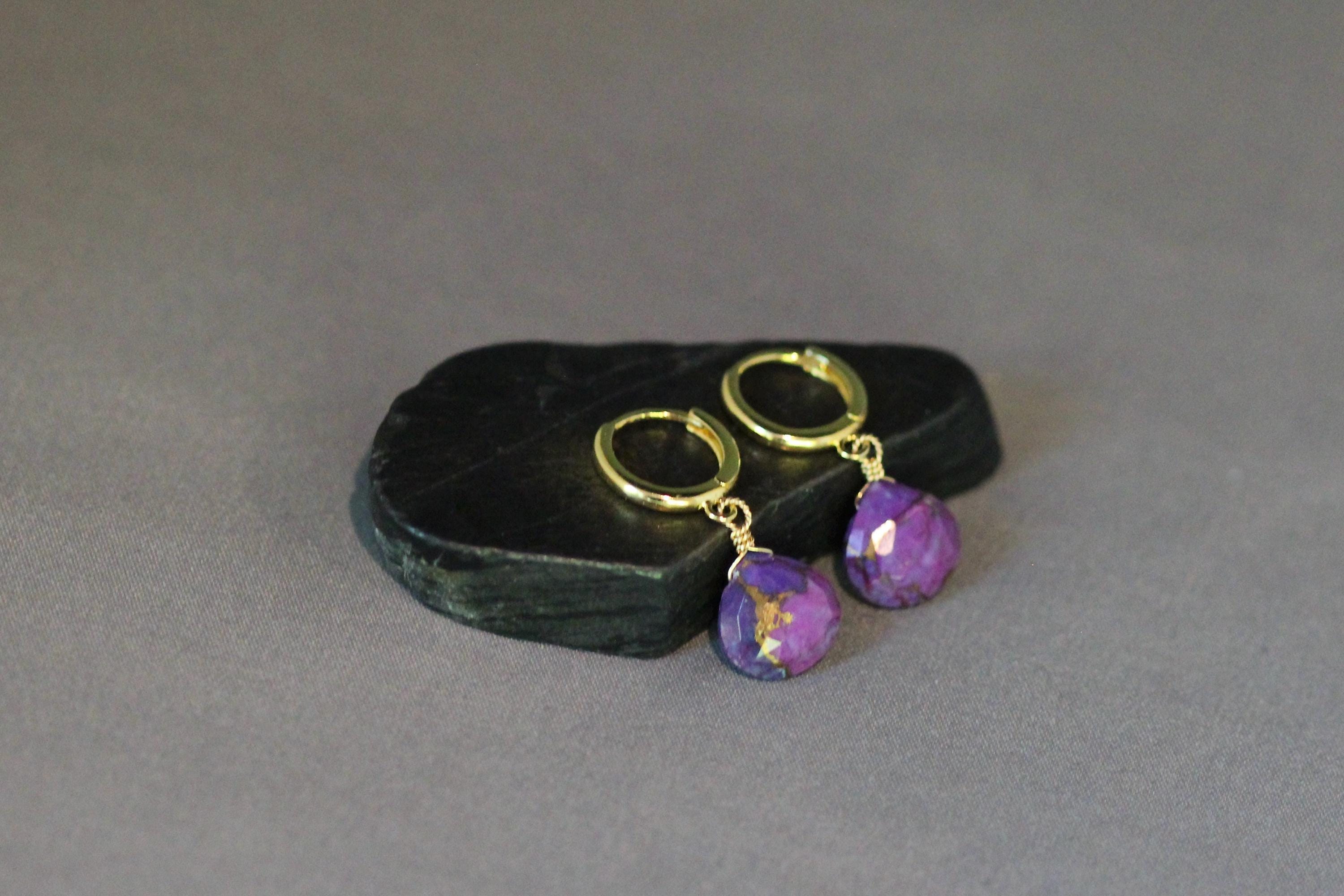 Purple Copper Turquoise Teardrop Earrings on Gold Vermeil Huggie Hoops