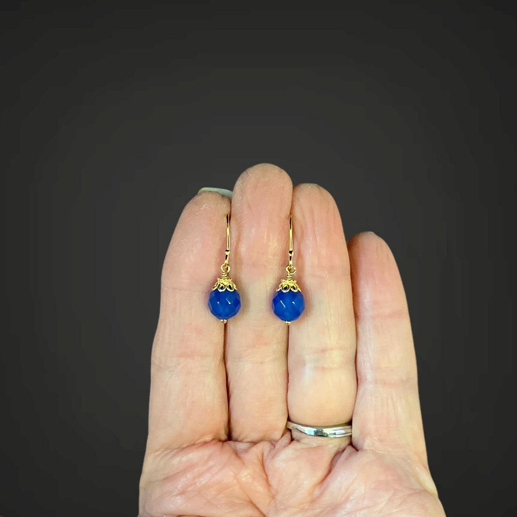 Blue Agate Round Stone Dangle Earrings with Gold Vermeil Caps