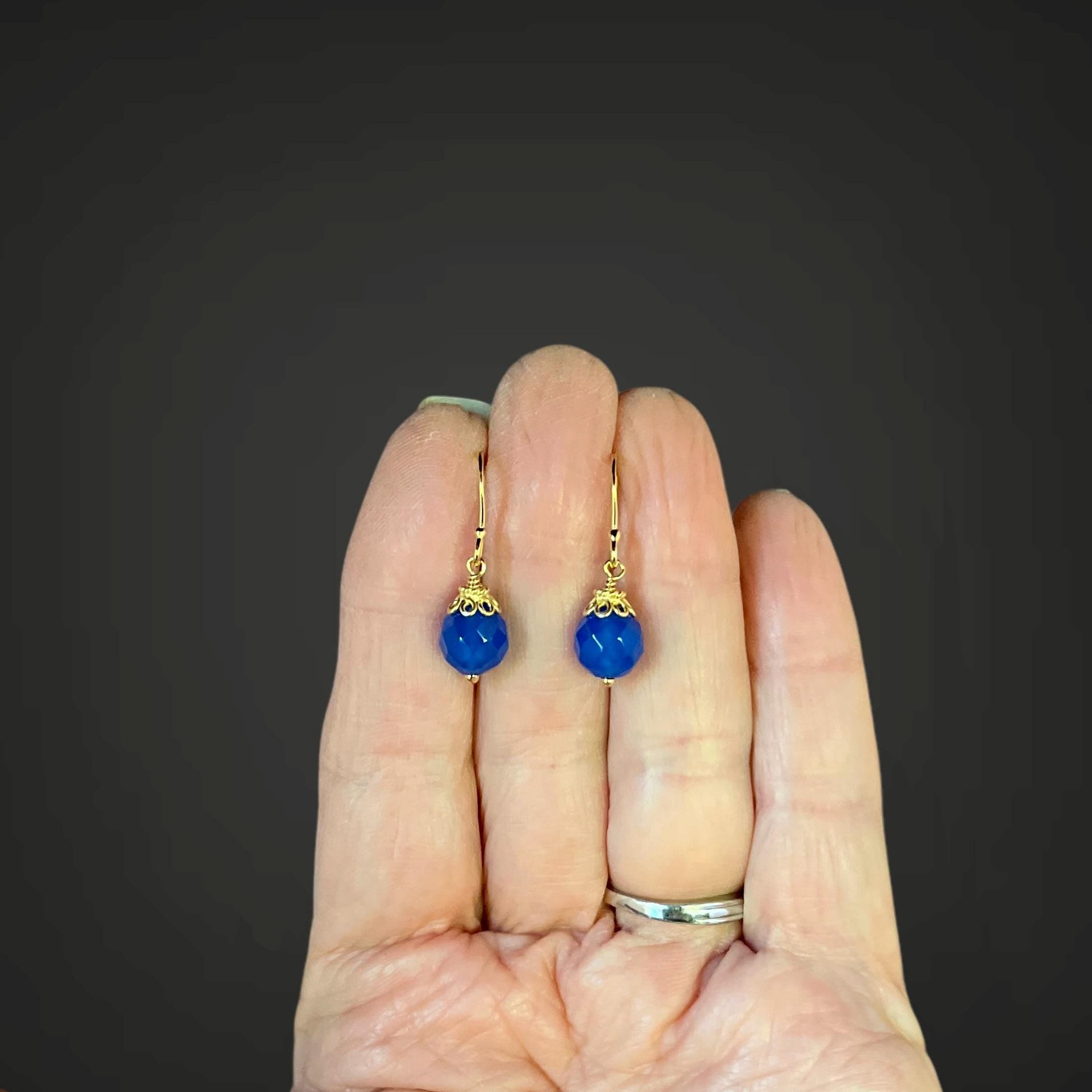 Blue Agate Round Stone Dangle Earrings with Gold Vermeil Caps