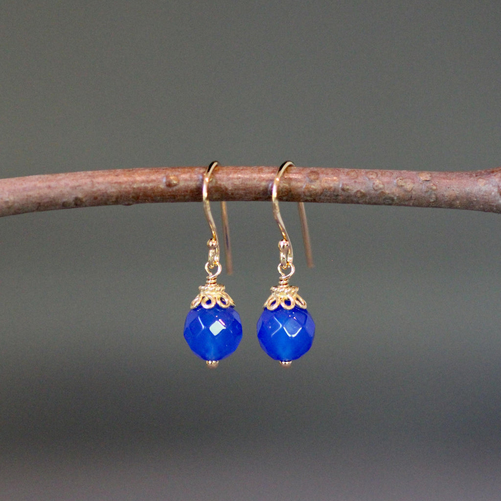 Blue Agate Round Stone Dangle Earrings with Gold Vermeil Caps