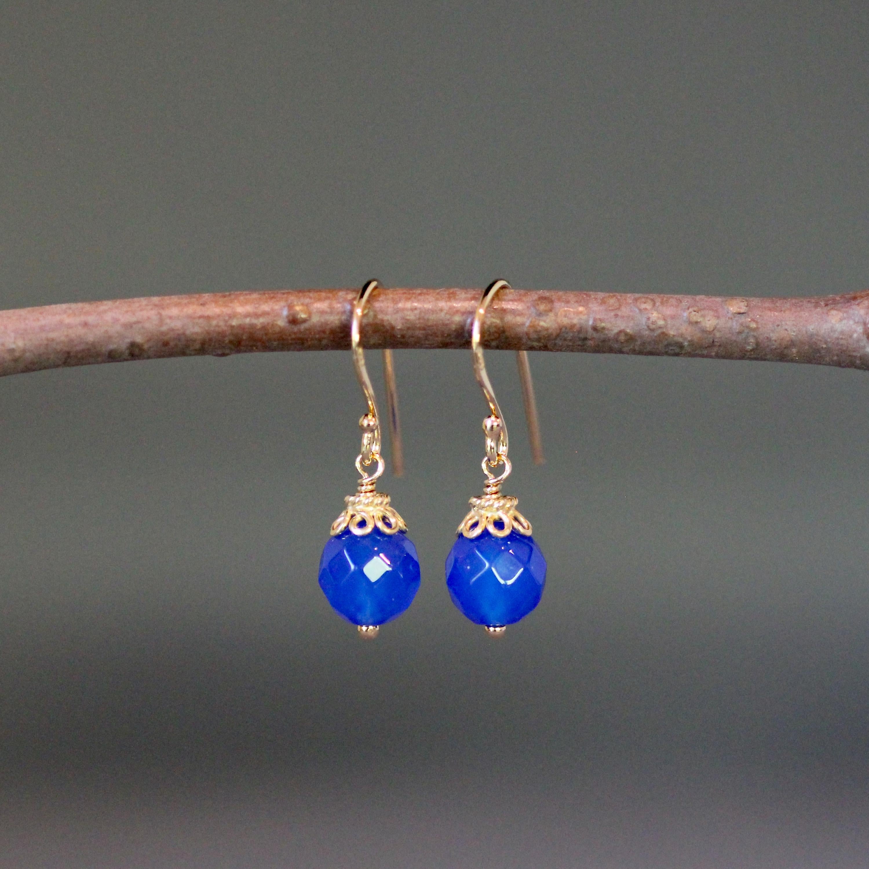Blue Agate Round Stone Dangle Earrings with Gold Vermeil Caps