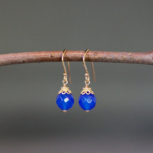 Blue Agate Round Stone Dangle Earrings with Gold Vermeil Caps