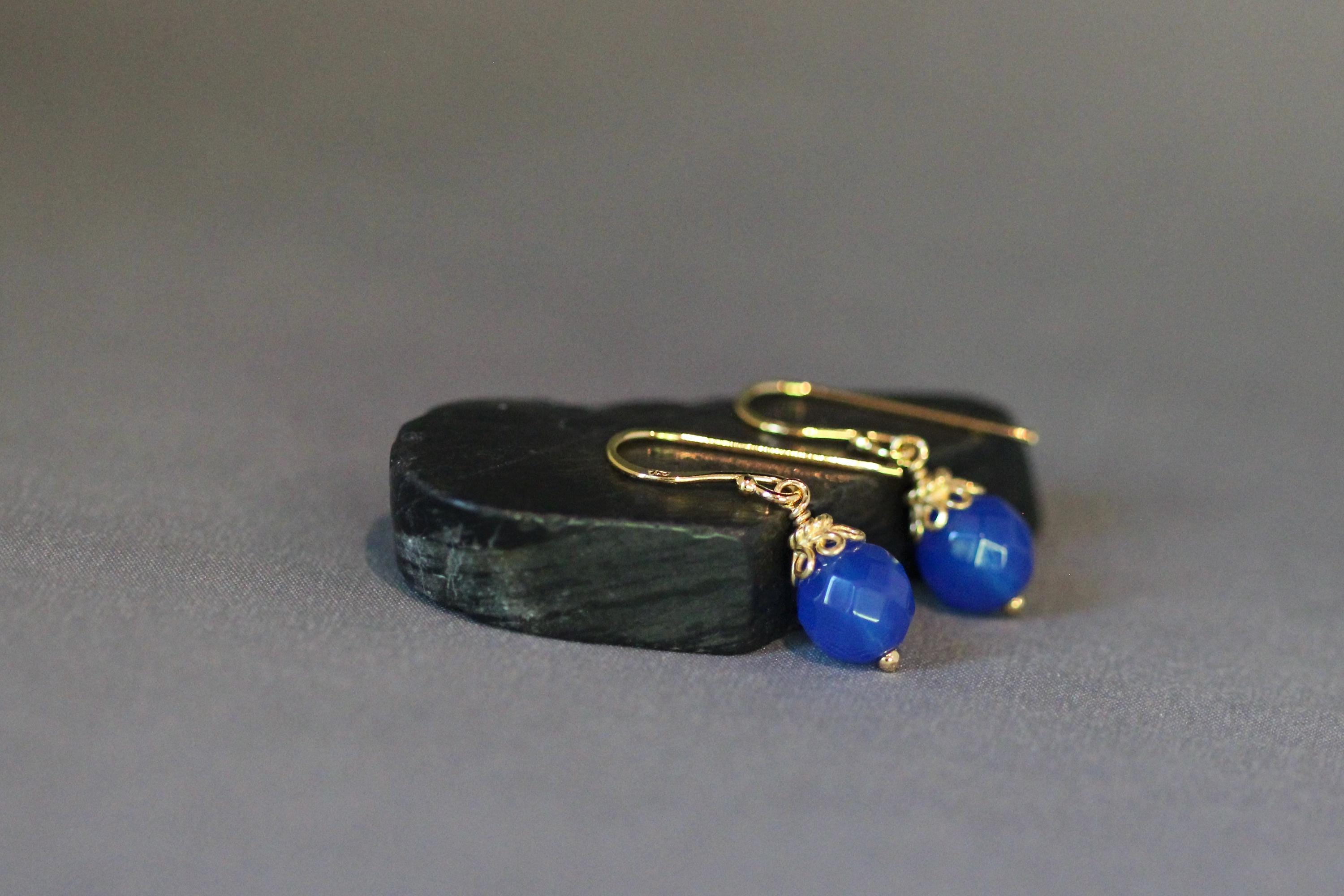 Blue Agate Round Stone Dangle Earrings with Gold Vermeil Caps