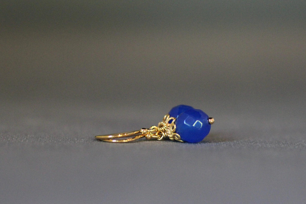 Blue Agate Round Stone Dangle Earrings with Gold Vermeil Caps
