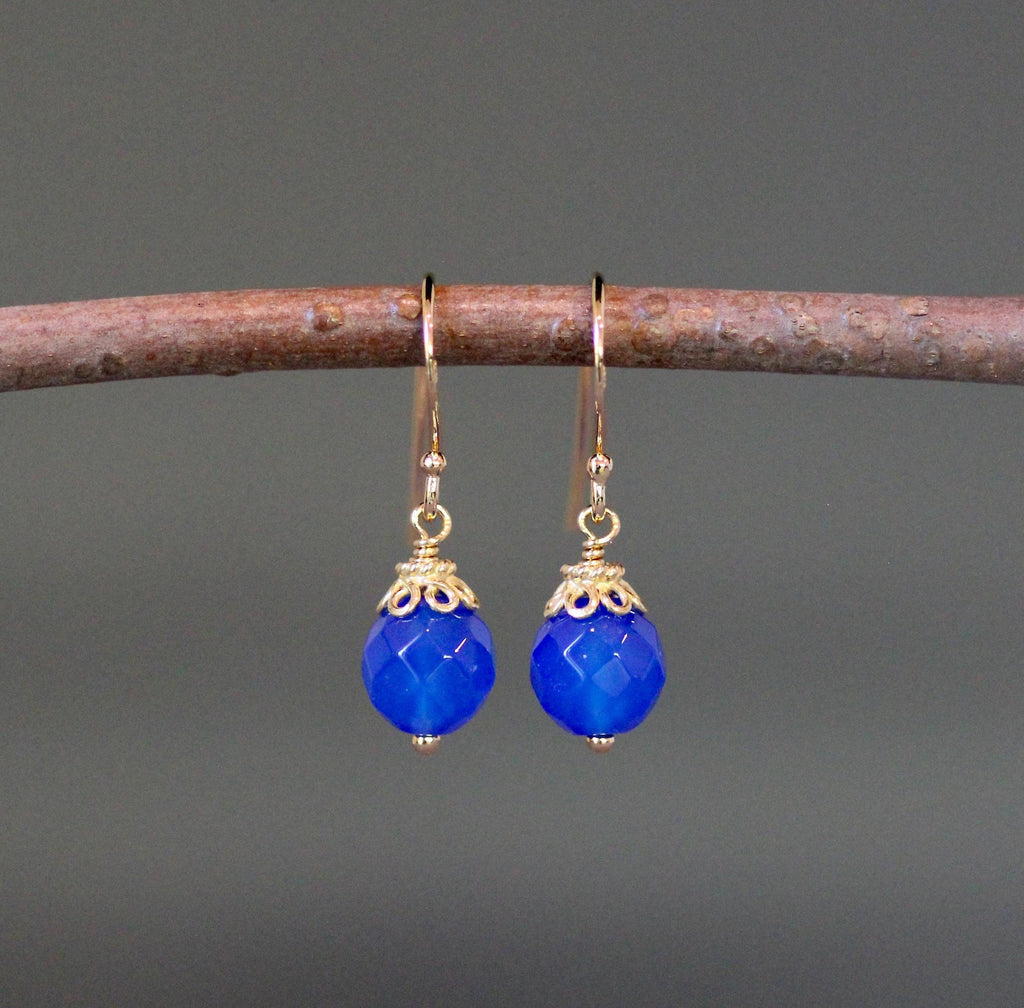 Blue Agate Round Stone Dangle Earrings with Gold Vermeil Caps