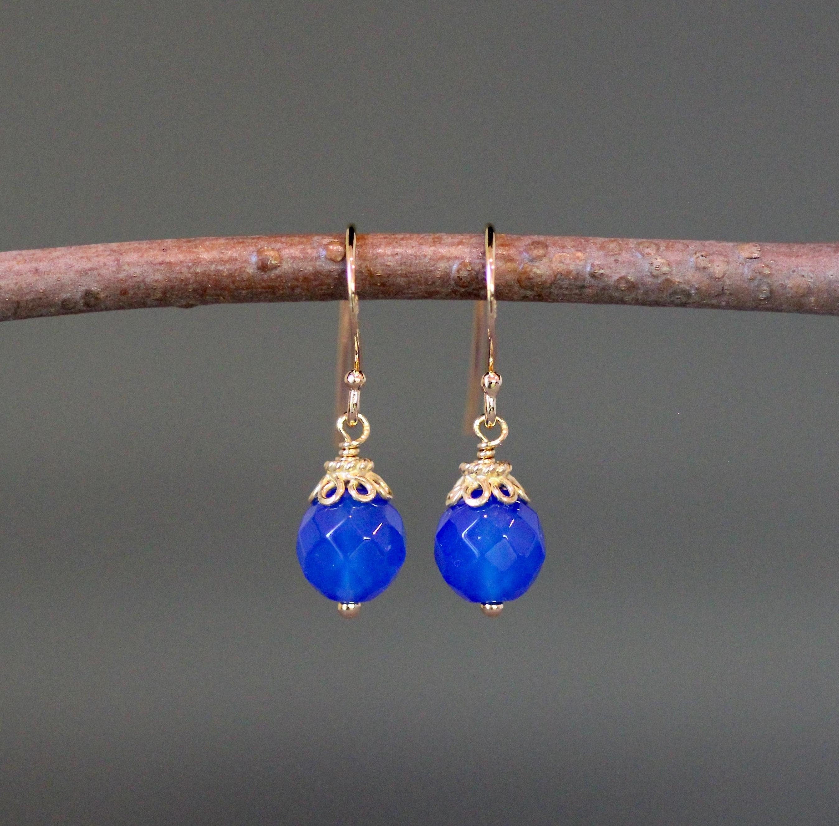 Blue Agate Round Stone Dangle Earrings with Gold Vermeil Caps