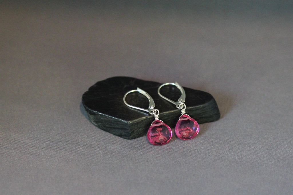 Fuchsia Strawberry Quartz Teardrop Earrings on Sterling Silver Leverbacks