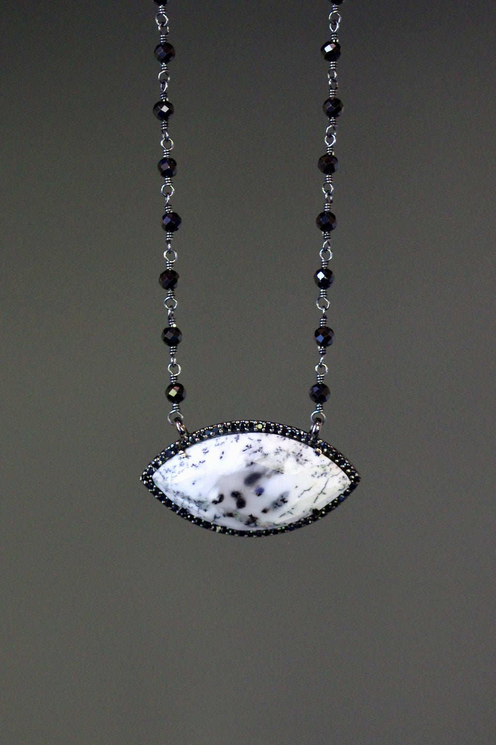 Dendritic Opal, Black Spinel and Cubic Zirconia Pendant Necklace in Blackened Silver