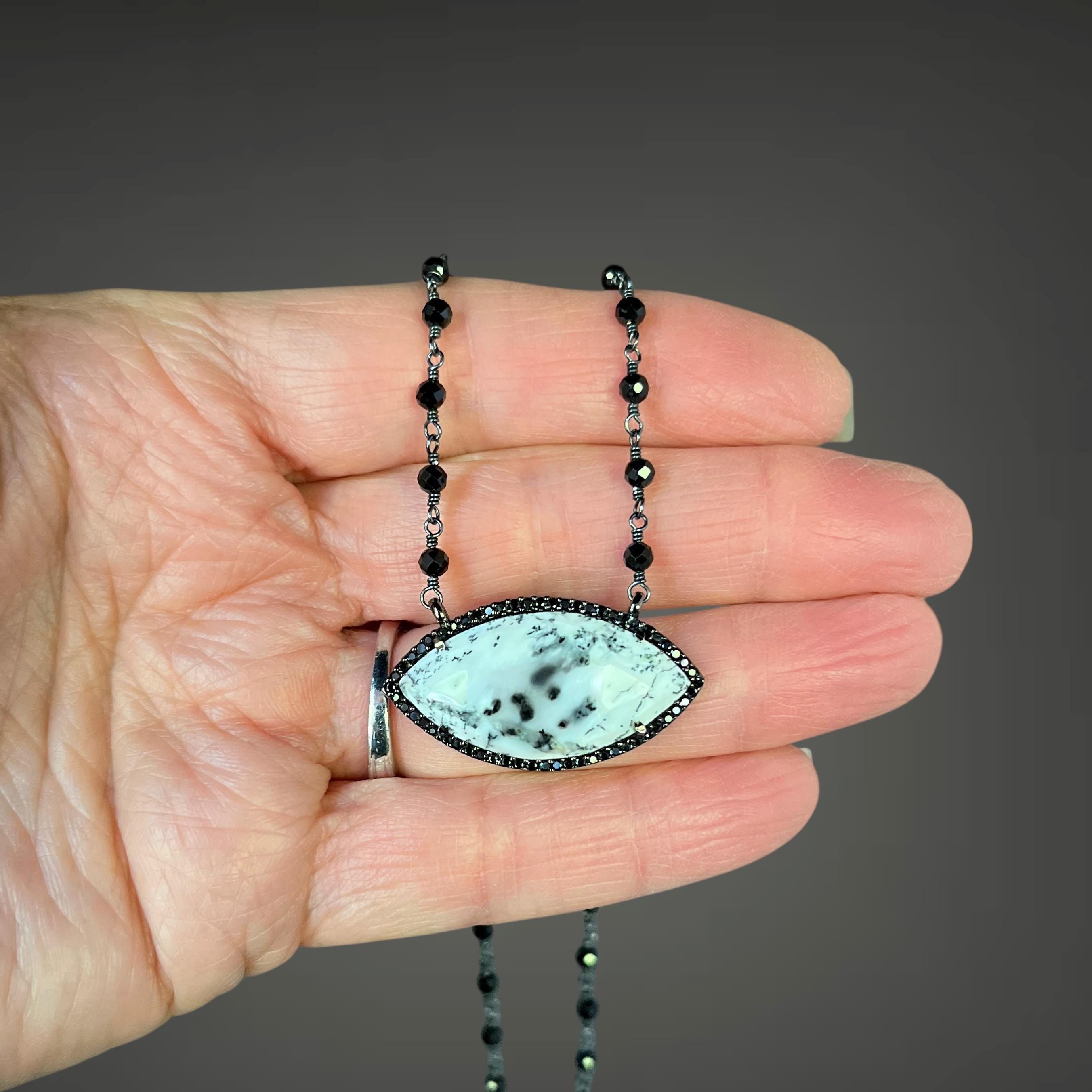 Dendritic Opal, Black Spinel and Cubic Zirconia Pendant Necklace in Blackened Silver