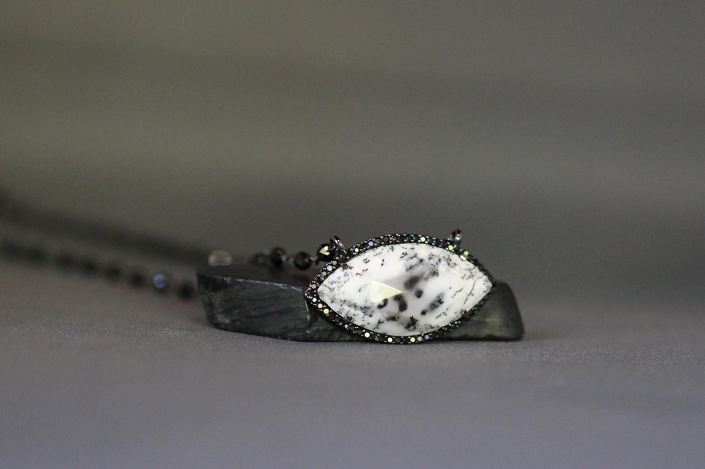 Dendritic Opal, Black Spinel and Cubic Zirconia Pendant Necklace in Blackened Silver