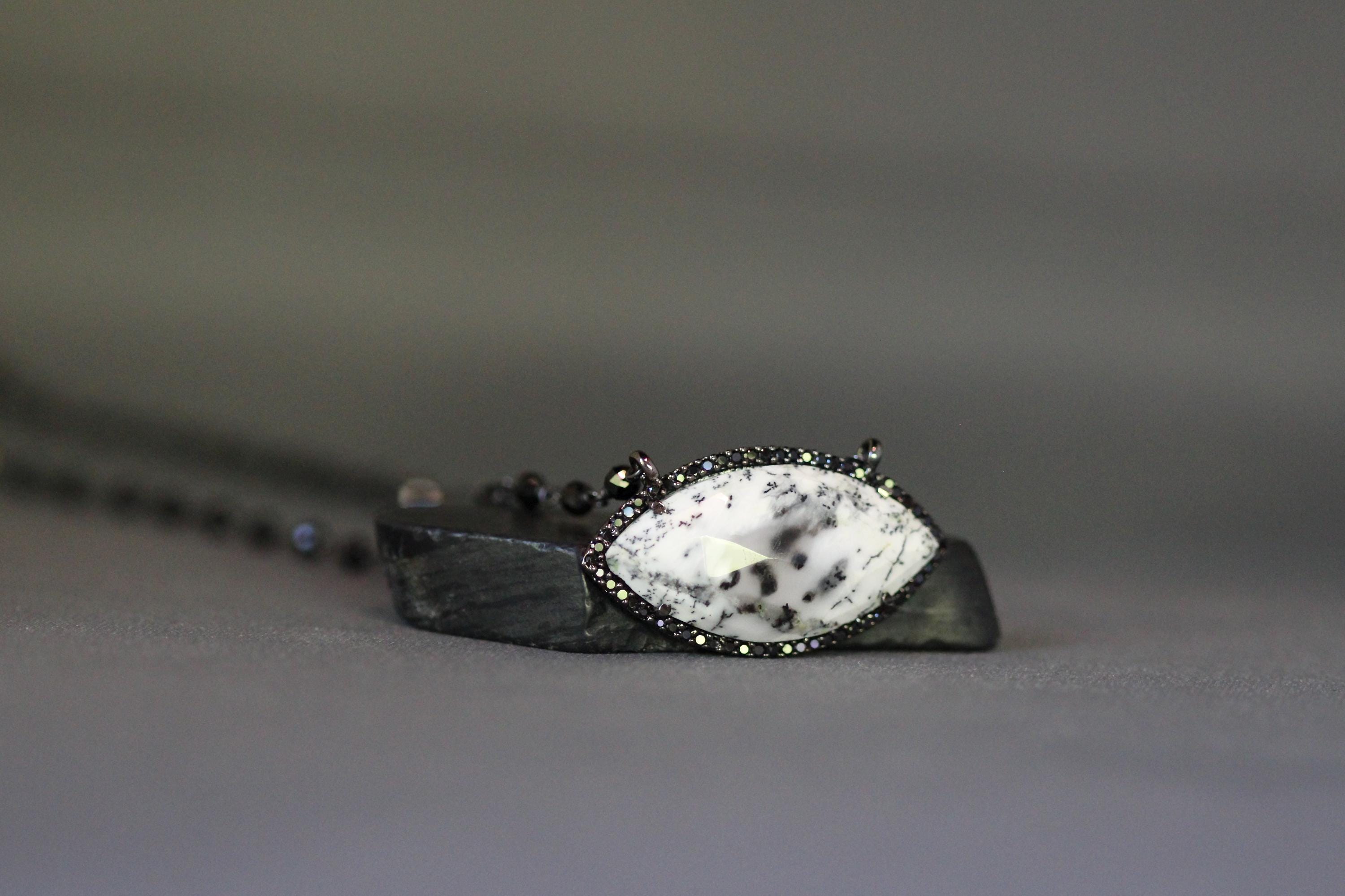 Dendritic Opal, Black Spinel and Cubic Zirconia Pendant Necklace in Blackened Silver
