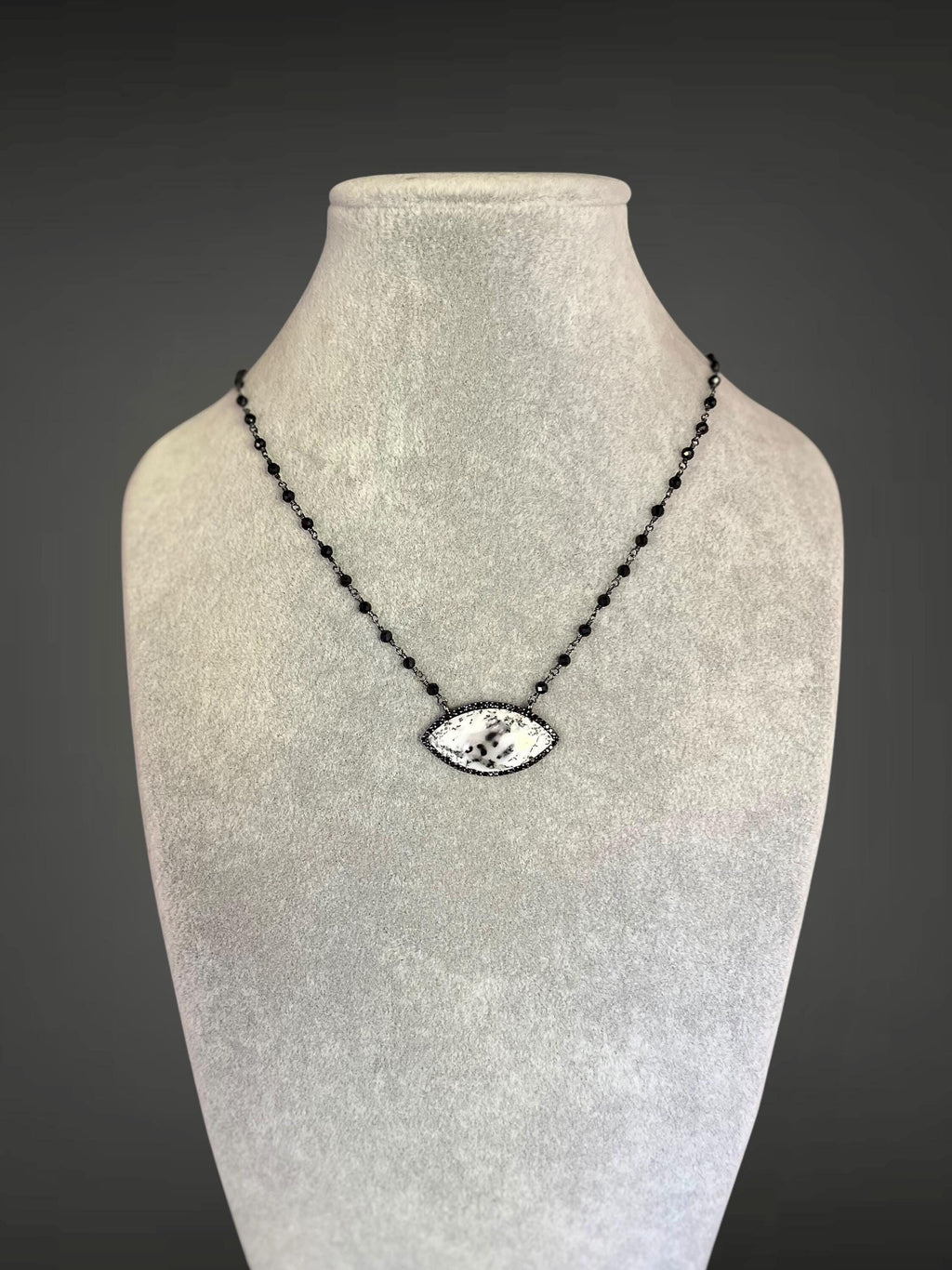 Dendritic Opal, Black Spinel and Cubic Zirconia Pendant Necklace in Blackened Silver