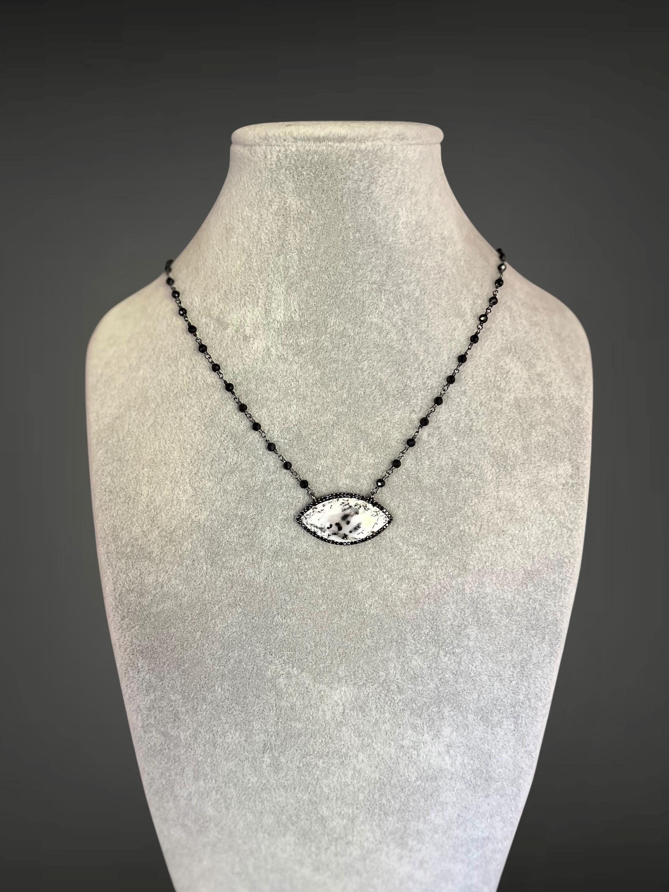 Dendritic Opal, Black Spinel and Cubic Zirconia Pendant Necklace in Blackened Silver
