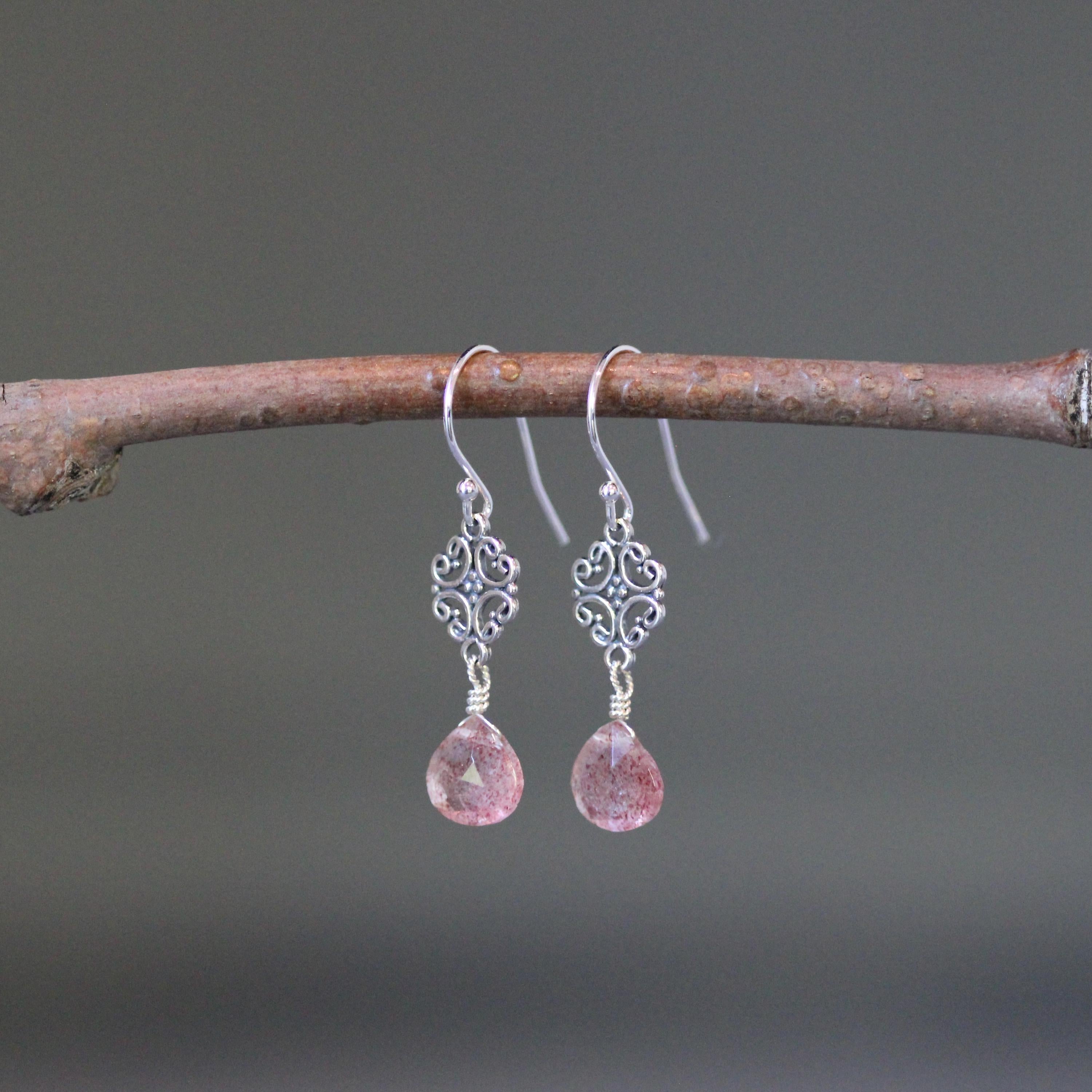 Strawberry Quartz Teardrop Earrings on Bali Sterling Silver Filigree Links