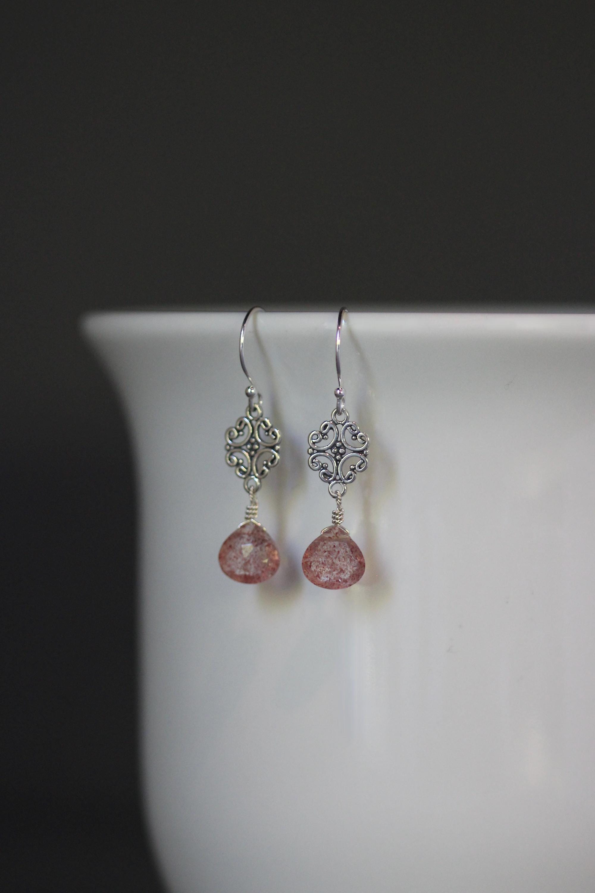 Strawberry Quartz Teardrop Earrings on Bali Sterling Silver Filigree Links