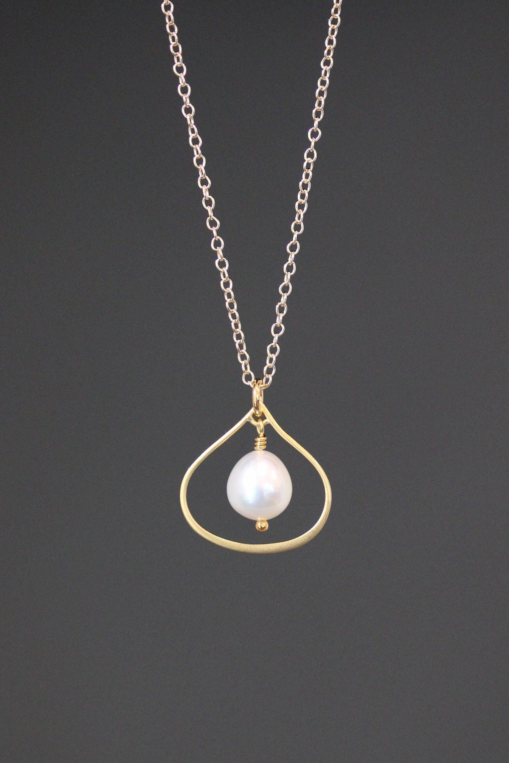 Freshwater Pearl Pendant in a Matte Gold Vermeil Frame on Gold Filled Chain