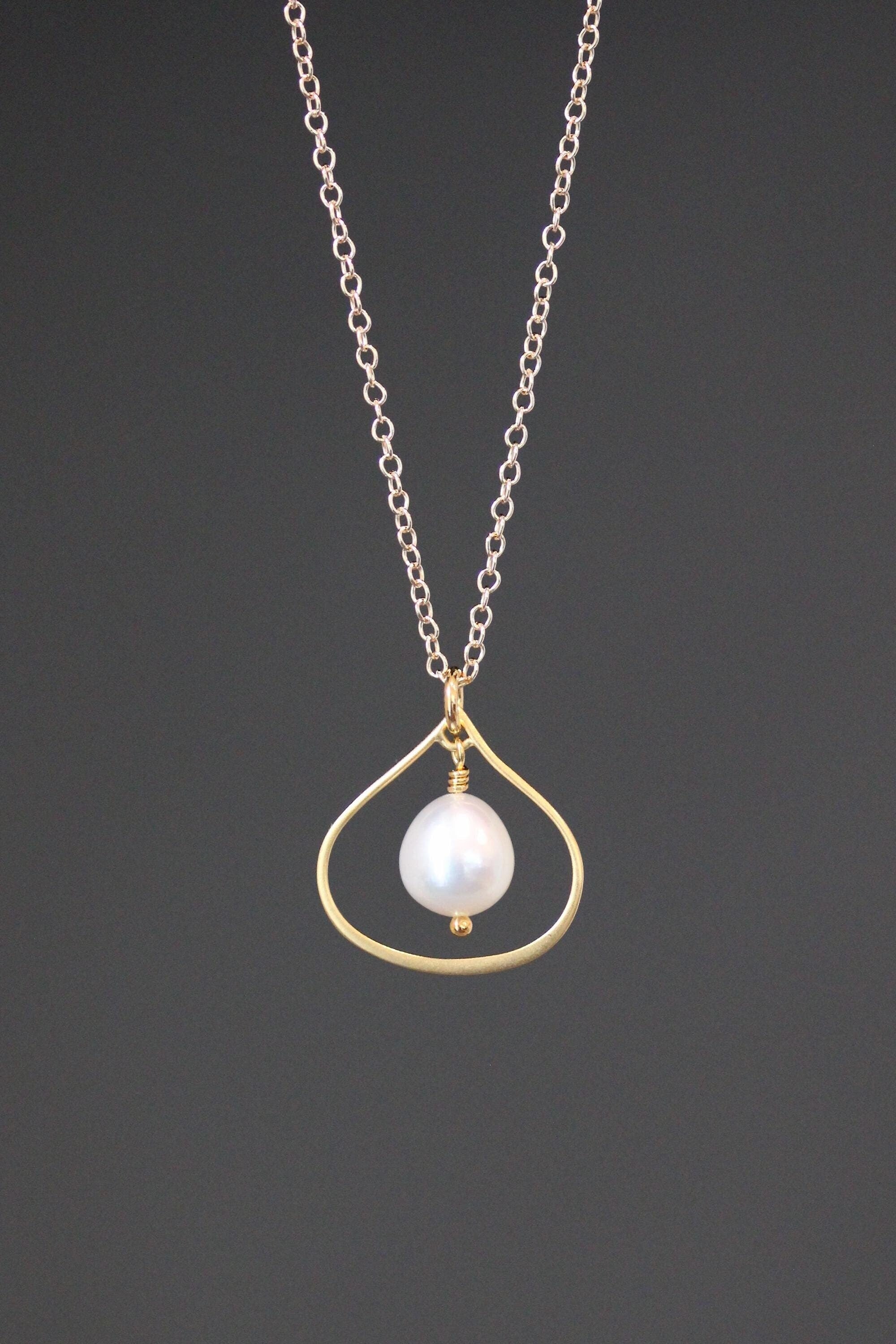 Freshwater Pearl Pendant in a Matte Gold Vermeil Frame on Gold Filled Chain