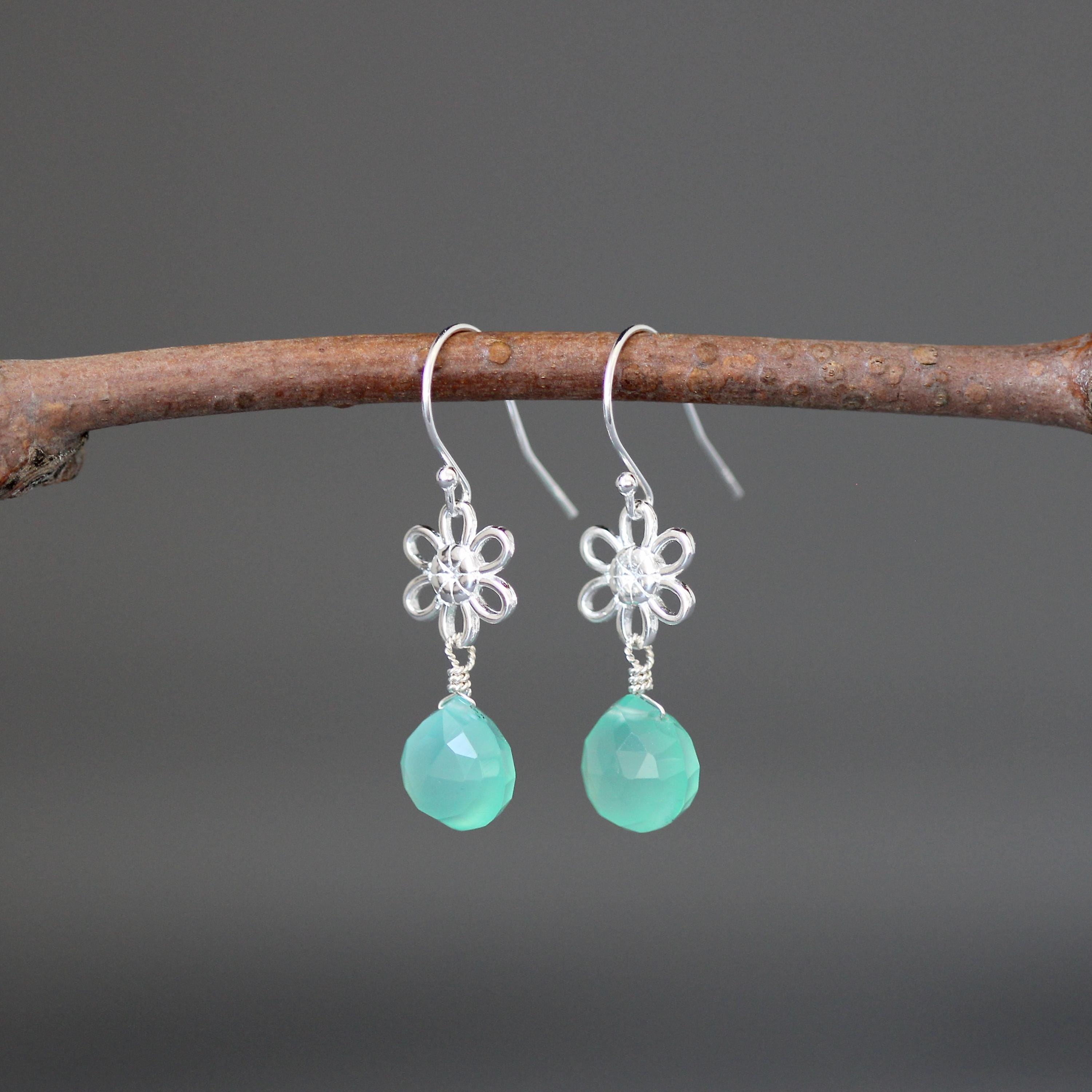 Green Chalcedony Teardrop Earrings on Bali Sterling Silver Flower Links
