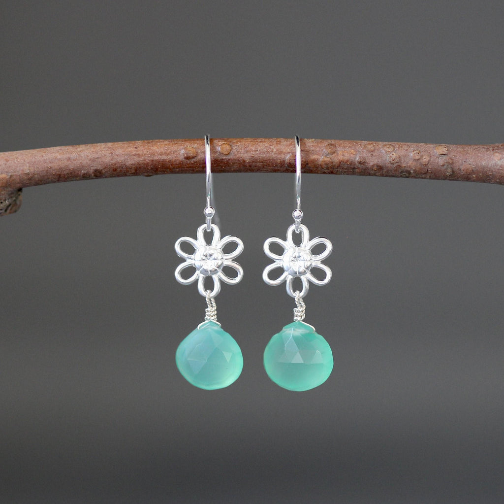 Green Chalcedony Teardrop Earrings on Bali Sterling Silver Flower Links