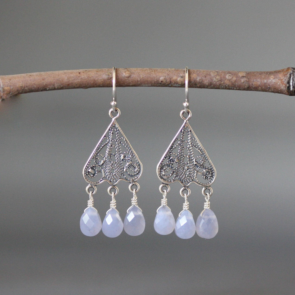 Blue Chalcedony Teardrop Chandelier Earrings on Bali Sterling Silver Filigree Findings