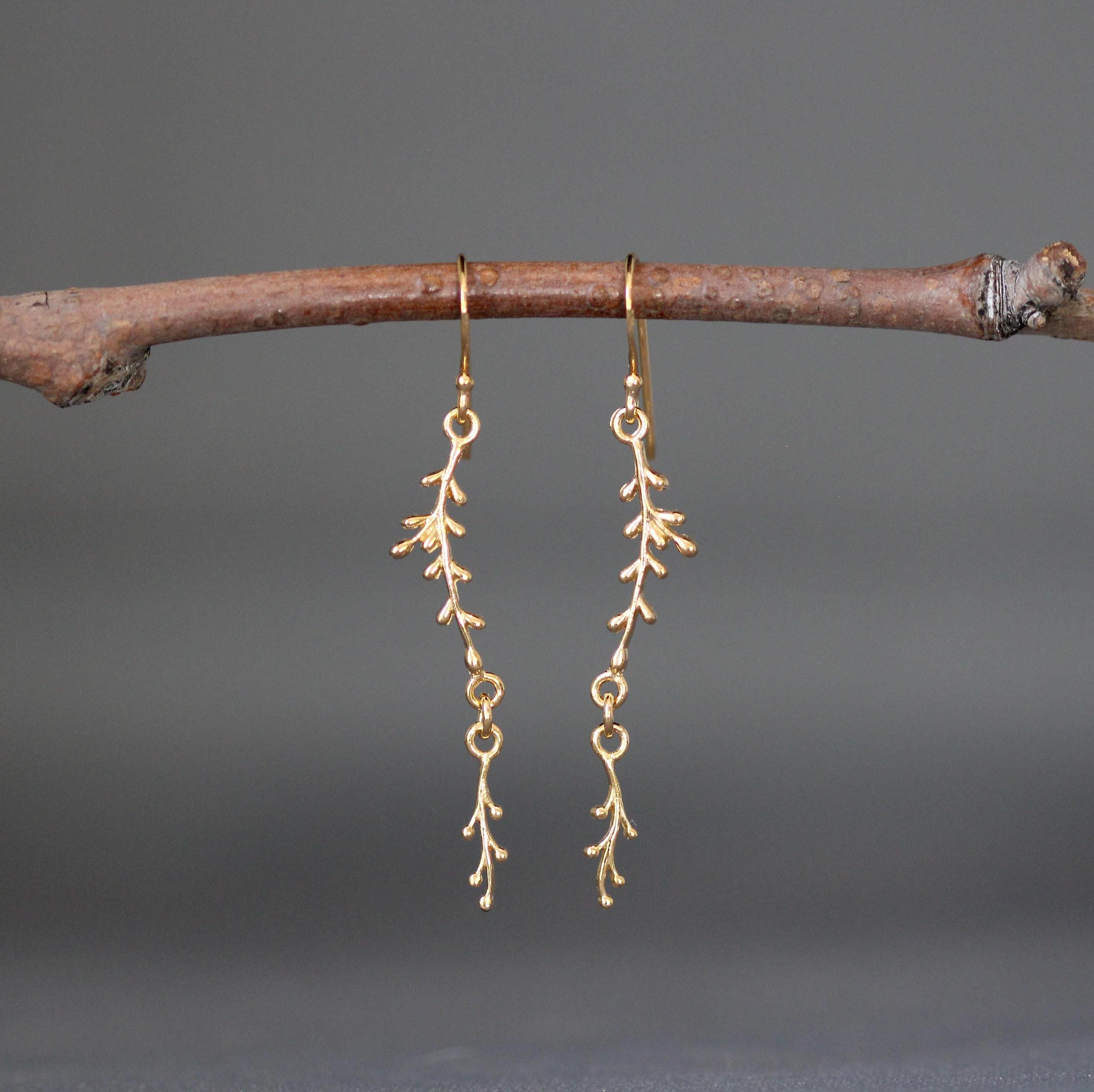 Long Gold Vermeil Branch and Leaf Dangle Earrings