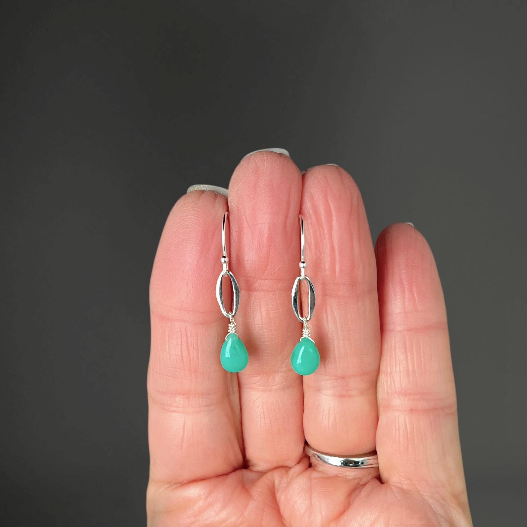 Chrysoprase Teardrop Earrings on Bali Sterling Silver Oval Links