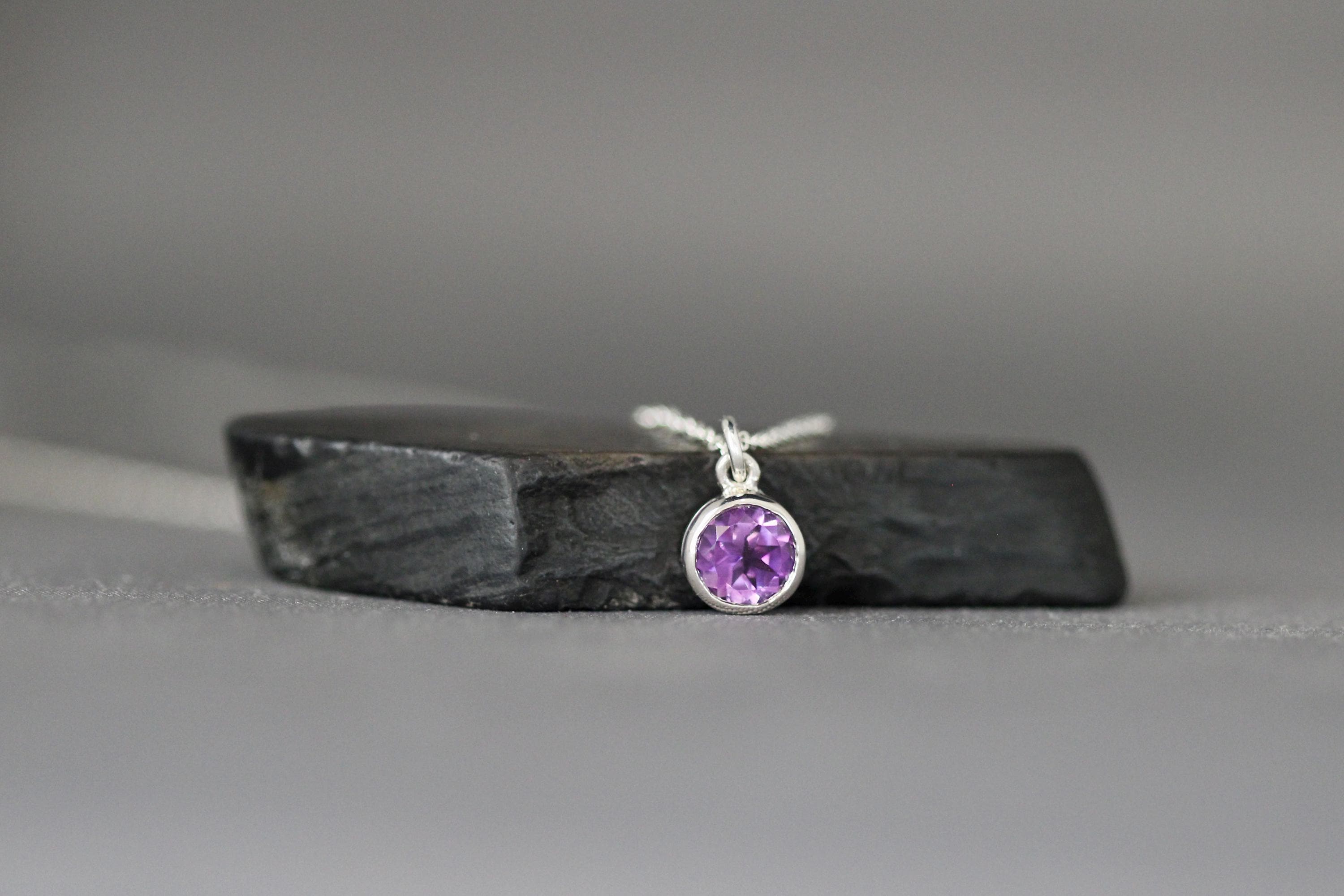 Amethyst Bezel Pendant Necklace in Sterling Silver
