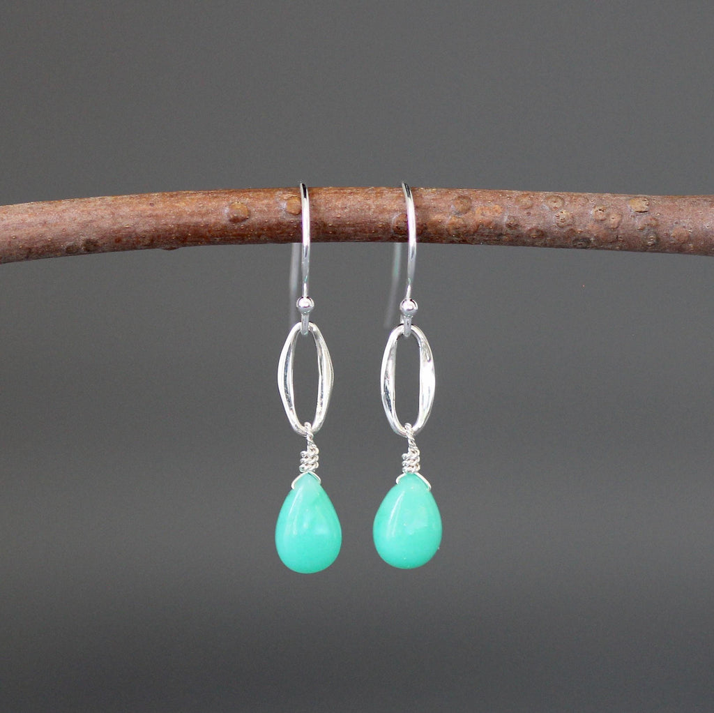 Chrysoprase Teardrop Earrings on Bali Sterling Silver Oval Links