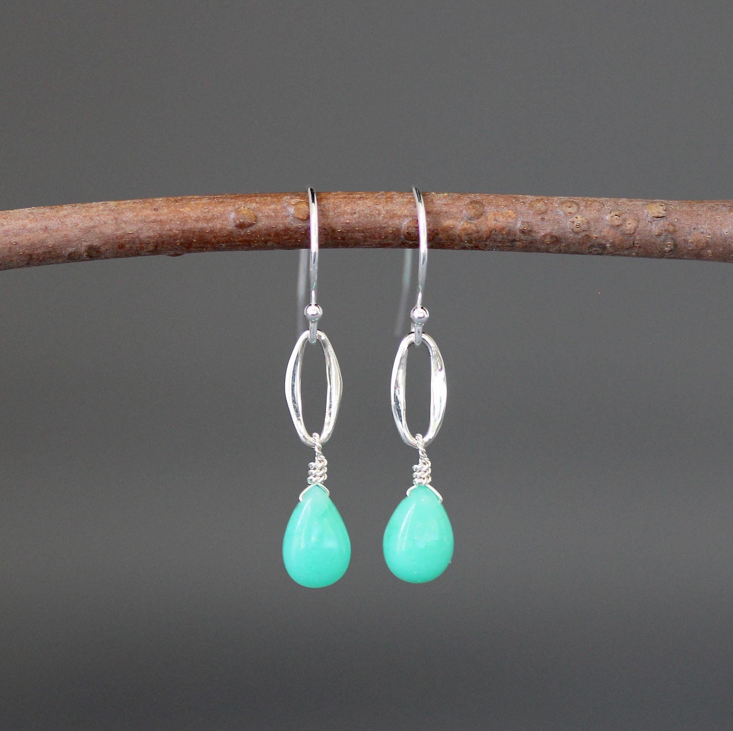 Chrysoprase Teardrop Earrings on Bali Sterling Silver Oval Links