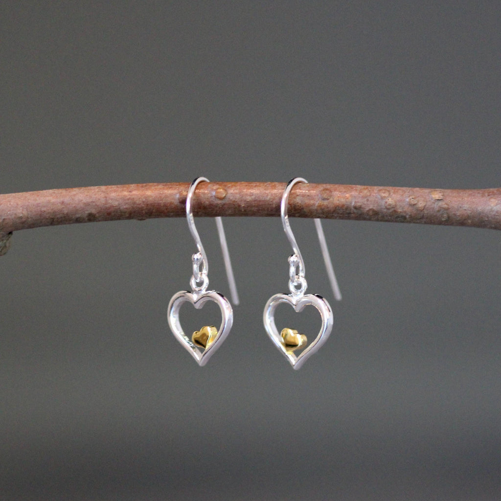 Double Heart Charm Earrings in Mixed Sterling Silver and Gold Vermeil