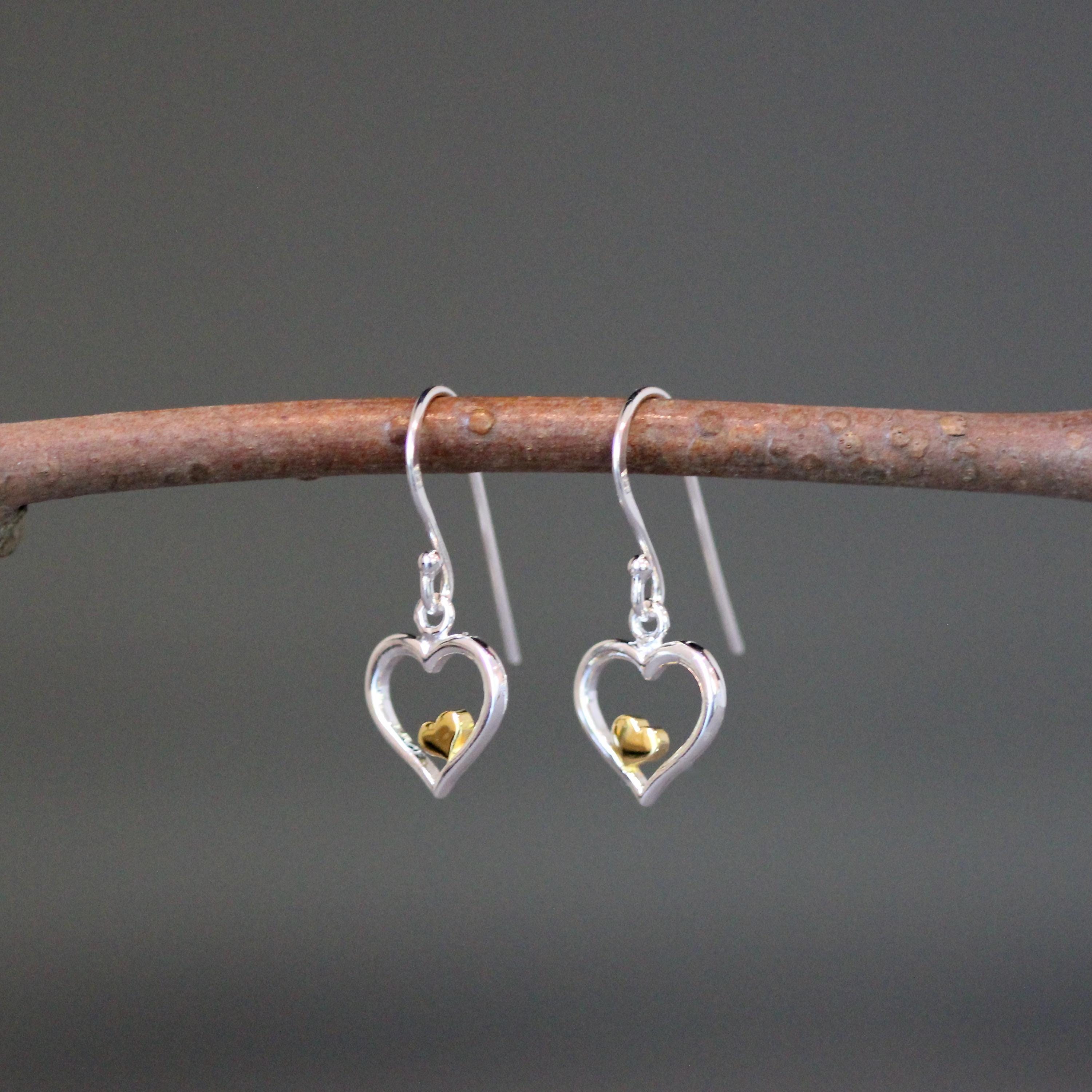 Double Heart Charm Earrings in Mixed Sterling Silver and Gold Vermeil