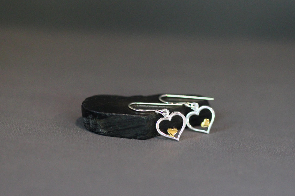 Double Heart Charm Earrings in Mixed Sterling Silver and Gold Vermeil